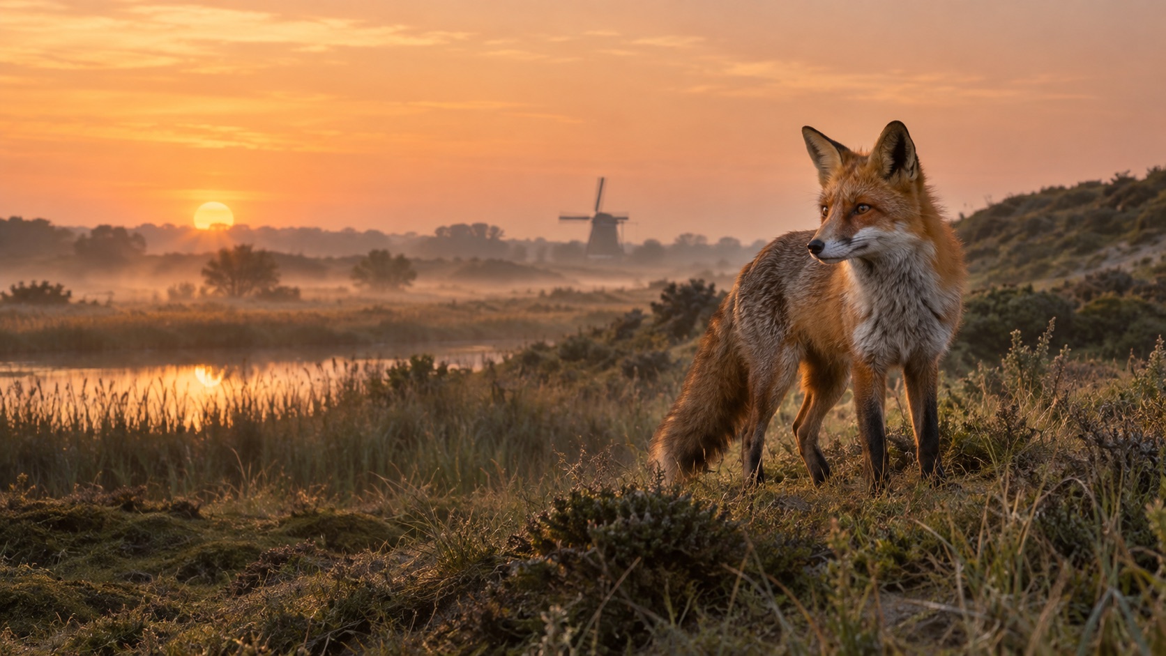 Illustratie van een rode vos in een Nederlands duinlandschap bij zonsopkomst